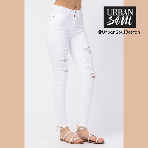 JUDY BLUE | Mid-Rise White Destroyed Skinny Jeans - Style #82280 NWT - Picture 2 of 7